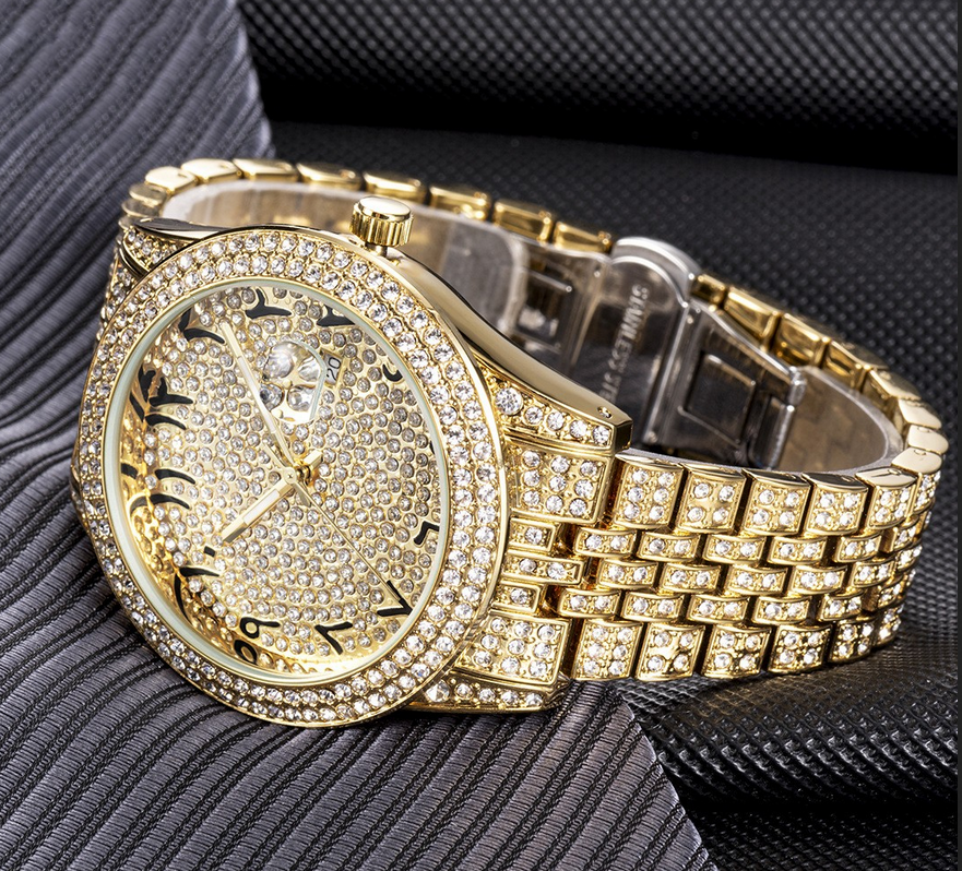 Luxury Full Diamond Arabic Sky Star Quartz Watch – Waterproof, Calendar, Men's