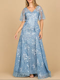 Lara 28880- Overskirt Lace Fitted V-Neck Gown with Cape Sleeves
