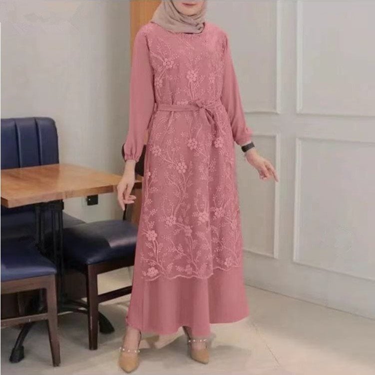 Floral Lace Dress with Round Neck for Muslim Women