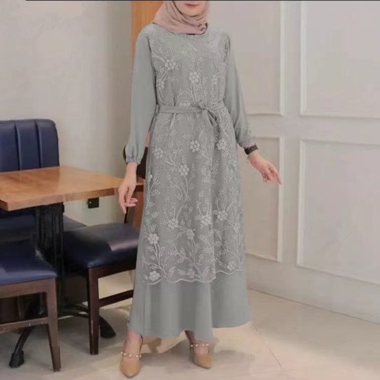 Floral Lace Dress with Round Neck for Muslim Women