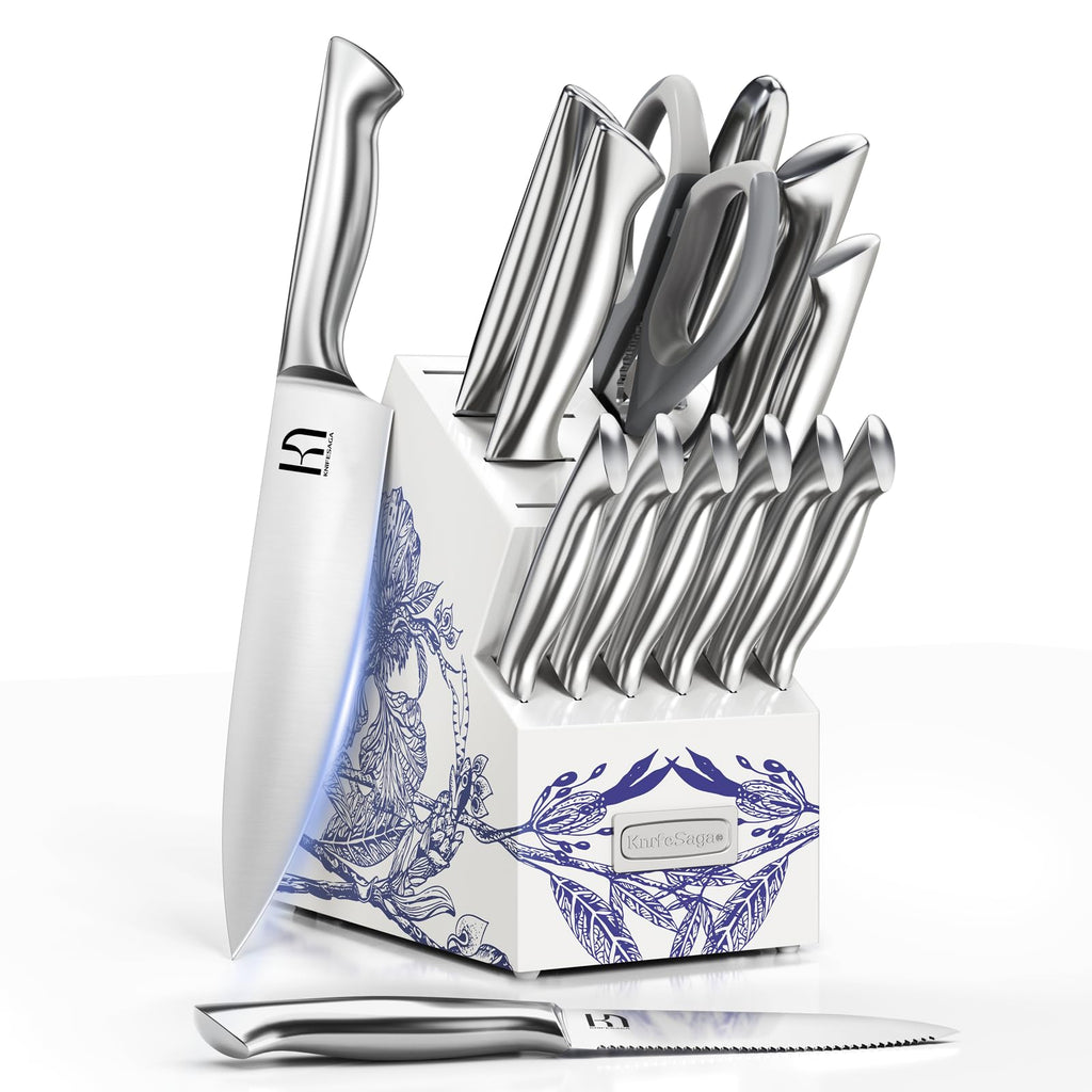 KnifeSaga Kitchen Knife Set - Phantom Iris X5 Knife Block Set - Top-tier Performance 15 Pcs Premium High Carbon Stainless Steel Knife Set with Block and Sharpener Professional Chef Knives Set