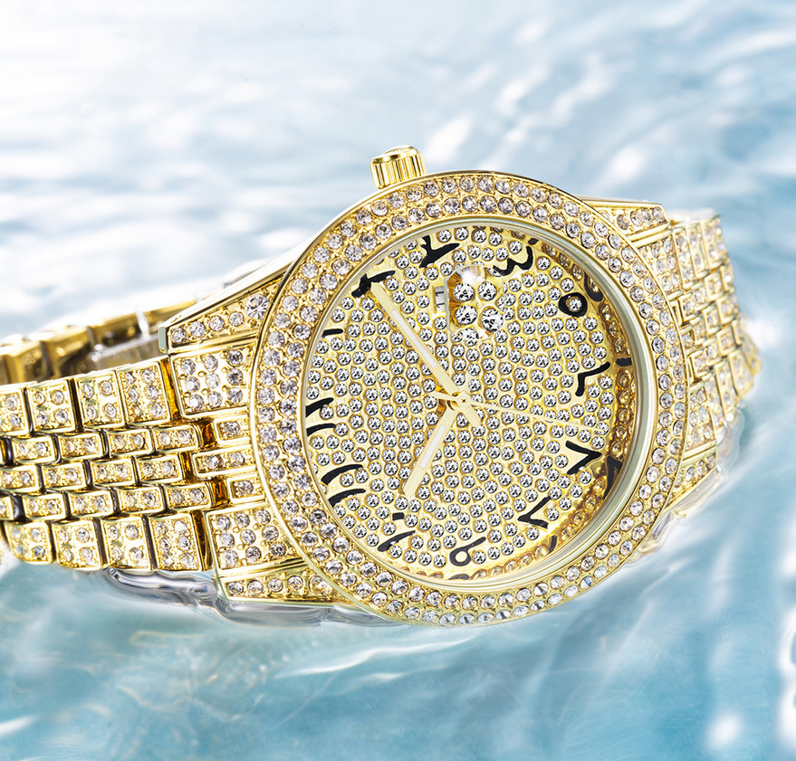 Luxury Full Diamond Arabic Sky Star Quartz Watch – Waterproof, Calendar, Men's