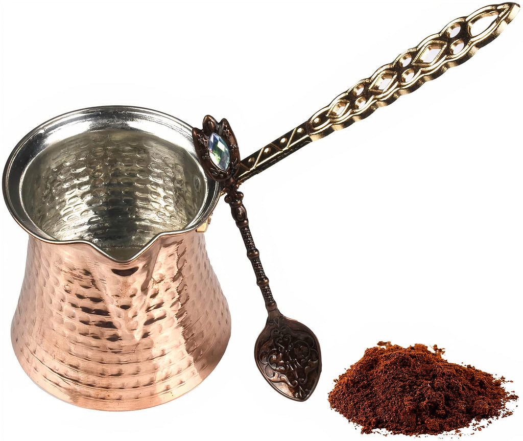 BAYKUL Turkish Copper Coffee Pot and Spoon Set Large 14 Oz (400 ml) Thick 2 mm Antique Handmade Hammered Cezve Ibrik Briki Greek Arabic Stovetop Coffee Maker Handle for 6 People (14 Oz - 400 ml)