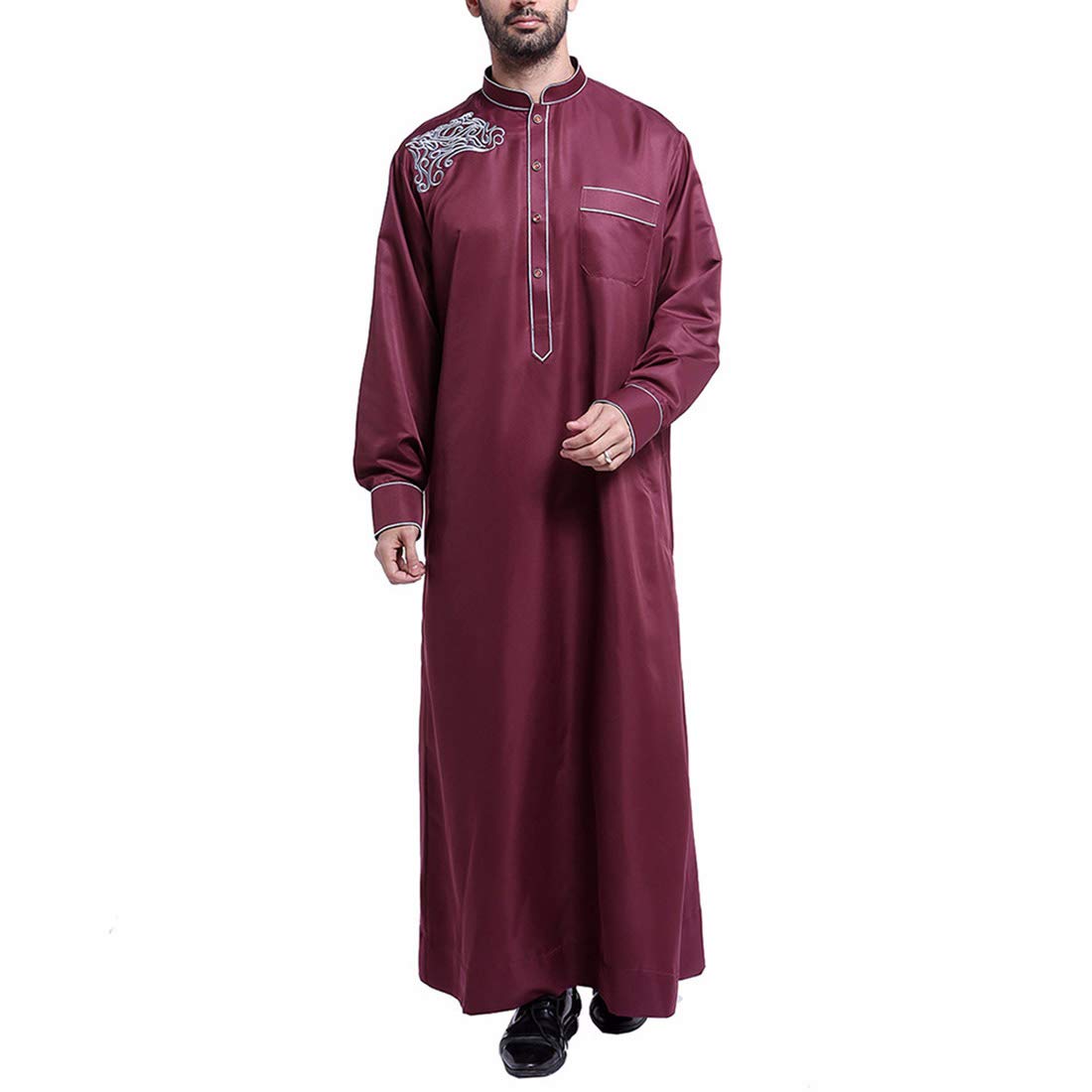 BooW Muslim Men Long Sleeve Thobe Middle East Saudi Arab Kaftan Islamic Abaya Dress Dubai Robes (91053-Wine Red L)