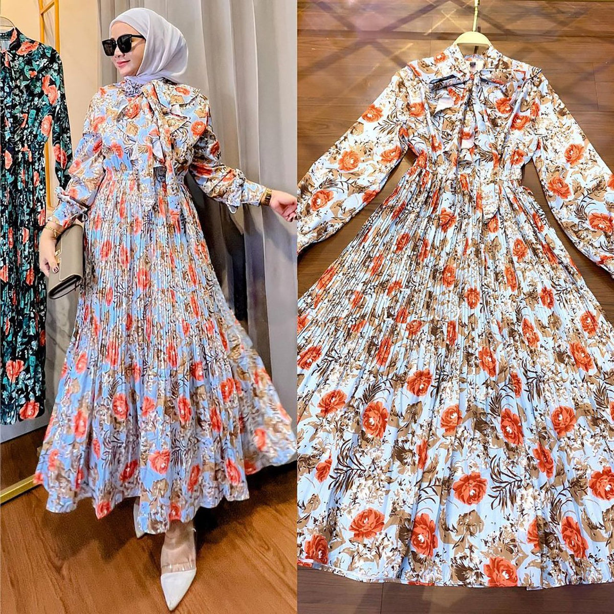 Ruffled Printed Dress for Muslim Malay Indonesians