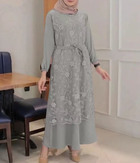 Floral Lace Dress with Round Neck for Muslim Women