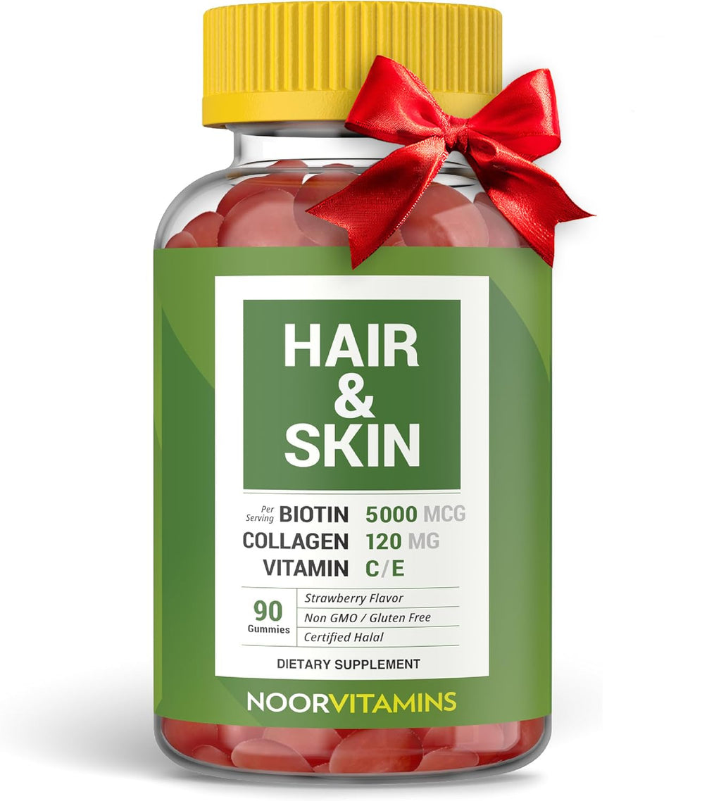 Noor Vitamins Halal Hair Vitamins Biotin Collagen Silica Vitamin C & E Supports Hair Skin & Nail Health; Natural Strawberry Gummy Vitamins. GMO Gluten Free & a Certified Halal Vitamin (90 Count)