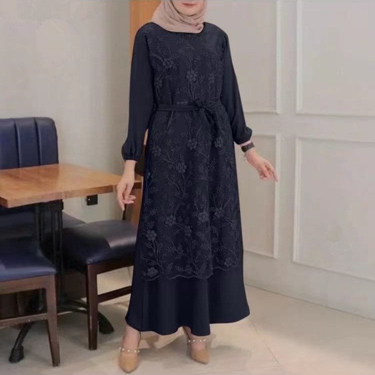 Floral Lace Dress with Round Neck for Muslim Women