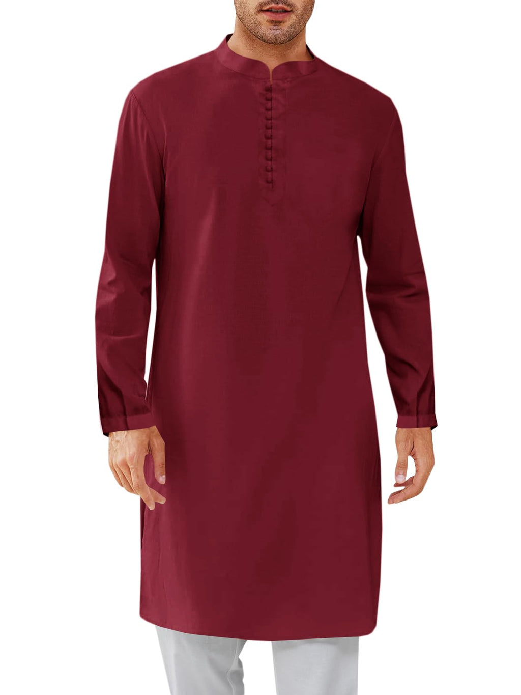 Runcati Mens Kaftan Thobe Button Down Henley Shirts Robe Long Sleeve Casual Cotton Linen Muslim Gown Shirt Wine Red