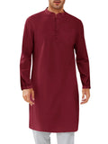 Runcati Mens Kaftan Thobe Button Down Henley Shirts Robe Long Sleeve Casual Cotton Linen Muslim Gown Shirt Wine Red