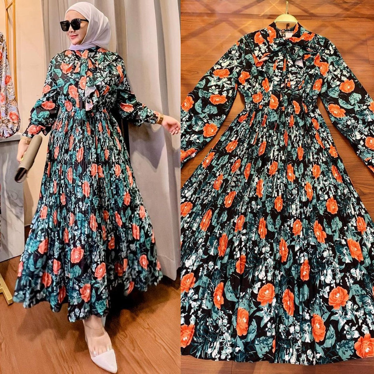 Ruffled Printed Dress for Muslim Malay Indonesians