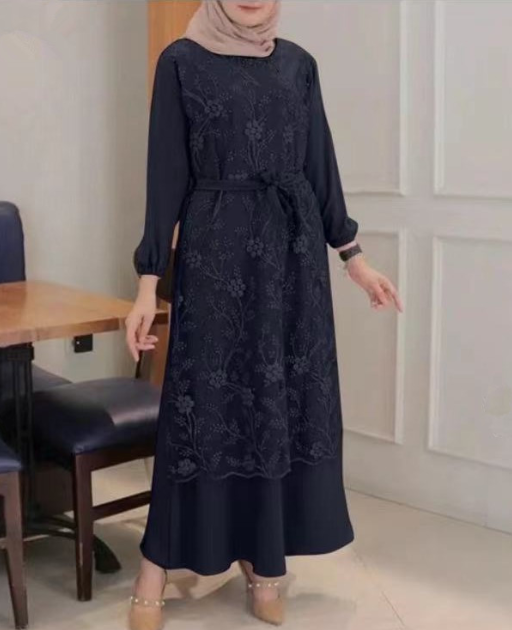 Floral Lace Dress with Round Neck for Muslim Women